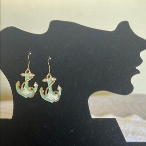 Gold, Turquoise with White  Anchor Earrings